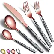 Silverware Set 20 Pieces Rose Gold Head Coating With Black Mars Handle, Stainless Steel Copper Titanium Plating Knives Spoons Forks Flatware Set Utensils Set Cutlery Set Service For 4
