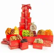 Nut Cravings Dried Fruit & Nut Gift Tower | Red Box, Ribbon |12-Piece Assortment