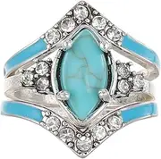 [Generic] Turquoise set of three Natural Turquoise Rings Turquoise Silver Color Rings for Women Bohemian Turquoise Zircon Finger Ring Three-in-One Halo Ring Turquoise Jewelry