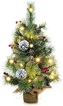 Pre-lit Mini Christmas Trees, Little Christmas Tree with Flocked Pine Needles, Pine Cones, Berries Christmas Decoration, 2 ft Burlap Base Small Trees with 25 Led Lights for Table Top Xmas Decoration