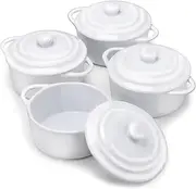 Kook Ceramic Mini Cocotte Set, Small Casserole Dishes with Lids and Handles, Individual Baking Ramekins, Oven, Microwave & Dishwasher Safe, Stoneware, 12 oz, Set of 4 (Swiss White)