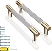[GTKHAAPPY] Cabinet Handles 2-Pack 5'' Modern Grey & Gold Aluminum Cabinet Pulls Knurled Diamond Pattern Drawer Hardware for Kitchen Cupboard Door and Bathroom (3.75" Hole Center)