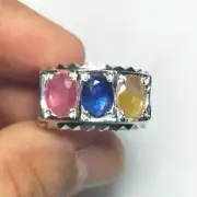 Natural Gems Blue Sapphire, Yellow Sapphire, Red Ruby Multi Stones 925 Ring