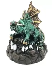 Medieval Green Mini Dragon Figurine Sitting on Crystal Rock