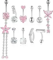 [BSJ4U] Gold Silver Belly Button Ring Belly Rings for Women Belly Button Piercing 14G Surgical Stainless Steel Dangle Flower Pink Heart Opal Navel Belly Piercing Jewelry Clicker Belly Button Jewelry