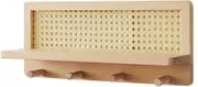 Rattan Wall Shelf, Hanging Boho Shelves, Wall Hooks, Sturdy Design, Nursery Books, Rustic Farmhouse Decoration, Wall Organiser with Hooks for Toys, Books, Plants, Toiletries