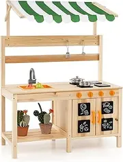 HONEY JOY Kids Mud Kitchen with Canopy, Outdoor Wooden Pretend Play Kitchen w/ 4 Stoves, Sink, Faucet, Black Boards & Accessories, Backyard Garden Kitchen Playset for Boys & Girls Age 3+ Years
