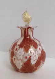 MURANO ART GLASS MILLEFIORI MURRINE PERFUME BOTTLE Leaf Stopper, Italy Label 4"