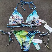 2-Pc Seafolly Corsica Slide Tri Top & Tie Side Bottom, US 6, Beach Print, NWT