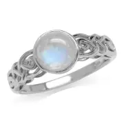 7mm Natural Round Moonstone 925 Sterling Silver Celtic Knot Solitaire Ring
