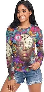 [RPLIFE] Black Woman Clock Face Mesh Tops, Sheer Long Sleeve Tops for Women S-XXL