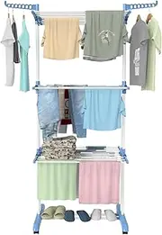 Bigzzia Clothes Drying Rack Folding Drying Rack Clothing 4 Tier Clothes Horses Rack Stainless Steel Laundry Drying Rack with Two Side Wings Light Blue