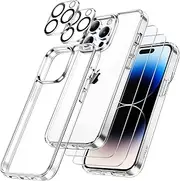 [JETech] 5 in 1 Case for iPhone 14 Pro Max 6.7-Inch, with 2-Pack Screen Protector and Camera Lens Protector, Non-Yellowing Shockproof Bumper Phone Cover, Full Coverage Tempered Glass Film (Clear)