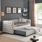 Twin Size Daybed w/Trundle Button&Copper Nail Upholstered Tufted Sofa Bed New US