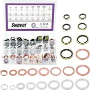 Swpeet 143Pcs M8 M10 M12 M14 M16 M18 M20 Aluminium & Cooper Washer Gasket and 2 Styles Oil Drain Plug with Yellow Zinc Plated Sealing O Rings Assortment Kit, Oil Crush Washers Seals for Most Cars