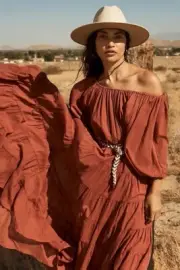 NWT ERIKA PEÑA Sz M/L BRIELLE RUMBA OFF THE SHOULDER TIERED MAXI DRESS