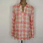 NWT Como Blue Womens sz S Top Pink White Plaid V Neck Collared Long Sleeve