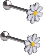 [Izpack] Daisy Flower Tongue Rings 316L Surgical Stainless Steel Floral Screw Back Ball Body Piercing Barbell Helix Studs Cute 5/8" Bar Length Jewelry Gifts for Women Men Unisex 14G, Stainless Steel, no