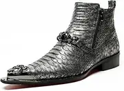 [Generic] High Top Genuine Leather Faux Print Metal Tip Flat Mens Ankle Boots with Dual Zipper Men's Leather Shoes