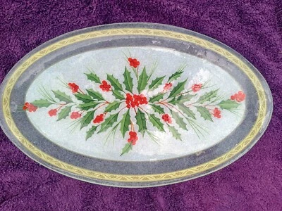 Gorham Festive Holly Glass Christmas Platter Oval 18”