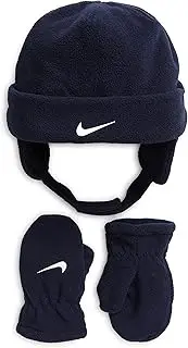 [Nike] Infant/Toddler Boy's 2-Piece Swoosh Fleece Hat & Mittens Set (2/4T, Obsidian)