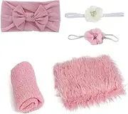 5 Pcs Newborn Photography Props Outfits,Baby Long Ripple Wrap and Toddler Swaddle Blankets Photography Mat with Cute Headbands for Infant Boys Girls(Pink)