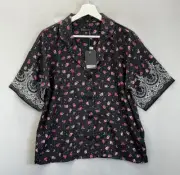 PJ Salvage Women's Sz M Loungewear Floral Lace Prints Collared Button Front Top