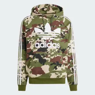 【adidas 愛迪達】上衣 男款 長袖上衣 帽T 運動 三葉草 CAMO HOODIE 綠 IS0209