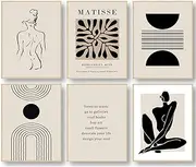 [KBKBART] Matisse Wall Art Prints, Abstract Matisse Wall Art Exhibition Posters, Black Beige Women Body Line Art Leaf Boho Art Prints, Living Room Wall Decor（8x10inch, Unframed