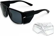 [JING LEI] Safety Glasses with Removable Side Shield,UV400 Protection Goggles, Rectangle Black Sun Glasses for Women Men Work