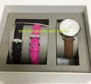 NEW FOSSIL 3 PC SET SILVER TONE ,BLACK+BROWN+PINK LEATHER BAND WATCH-BQ2177SET