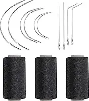 Ryalan Weaving Needle Combo Deal Black Thread with 10pcs Needle for Making Wig Sewing Hair Weft Hair Weave Extension, Big Medium and Small C J Shape Curved Needle I Needle (3 Thread Black + 10 Needle)