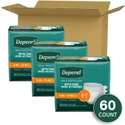 Depend w/Tabs Incontinence Protection Unisex Sm/Med 60 Ct (3x20) Discreet Ship