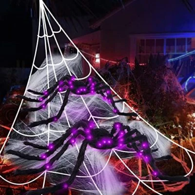 50" Halloween Light up Spider 2 Pack with 200" Spider Web Scary Giant Hallowe...