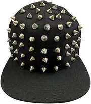 [Generic] Studded Snapback Cap, Black with Silver Spikes, Punk Style Flat Brim
