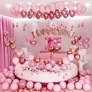 Bonropin Valentines Day Balloons Kit Rose Gold Pink Heart Balloons with Rose Petals I Love You Balloons for Anniversary Mothers Day Wedding Romantic Decorations Special Night