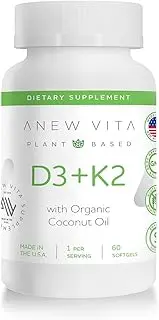 Anew Vita Plant Based Vitamin D3 + K2 (as MK-7) with Organic Coconut Oil. Immune Support, Bone Health and Density Support, Heart Health Support. 60 Softgels