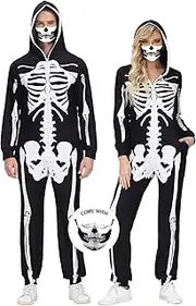 [YARISNEY] Halloween - Skeleton - Onesie- Costume for Men Women Full Body Skull Print with 3D Skull Face Mask