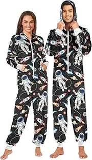 [ZZXXB] Space Astronaut Rocket Onesie Pajamas for Adult Women Men Long Sleeves One Piece Onesies Hooded Sleepwear S - XL