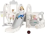 KIDBOT 5 in 1 Slide Swing Set for Kids, with Ladder Climber Steps & Bus Playhouse & Basketball Hoop, Kids Playground Activity Centre Playset Indoor Outdoor Toy, Color - Beige Grey