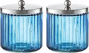 KMwares 2-Pack Glass Bathroom Jars - Blue Stripes Glass with Lids Cotton Ball, Q-Tip, Swab, and Floss Holder - Modern Organizer for Bathroom, Vanity Decorative Countertop Storage (Cobalt Blue)