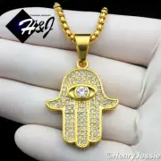 18"-36"MEN Stainless Steel 3mm Gold Plated Box Chain CZ Hamsa Hand Pendant*GP140