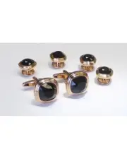 Triple Tier Rose Gold with Black Faceted Stone Studs and Cufflinks Set