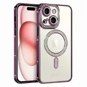 For Apple iPhone 15 Case, MagSafe Magnetic Diamond Rhinestone Glitter Cute Crystal Bling Full Camera Lens Protector Shockproof Cover – Purple