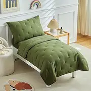 DuShow 4 Piece Toddler Bedding Set,Embroidery Crib Comforter Set for Boys Includes Toddler Bed Comforter,Fitted Sheet,Flat Sheet and Envelope Pillowcase,Soft Toddler Bed Sheet Set-Olive Green ﻿