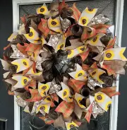 Beautiful Fall Sunflower & Cotton Deco Mesh Front Door Wreath Decoration Decor