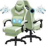 HOFFREE Gaming Chair Computer Chair Fabric with Speakers Massage Game Chair with Footrest Bluetooth Ergonomic Gamer Chairs with Lumbar Support Reclining Gaming Chairs for Adults Green and White