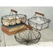 Set of 3 Chicken Wire Baskets, One Each of Round, Square, Oval with Wood Handles
