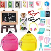 30Pcs Mini School Supplies, Doll School Supplies Includes Mini Doll Glasses Backpack Blackboard Laptops Ruler Scissors Mini Book Palette Paper Calculator for Dolls Accessories Set