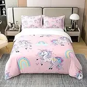 Unicorn Cotton Duvet Cover(Not Comforter), Watercolor Cartoon Animals Rainbow Sky Breathable Comforter Cover Super Soft,Pink Print Purple Butterfly Comforter Cover 2 Pcs with 1 Pillowcase Twin Size